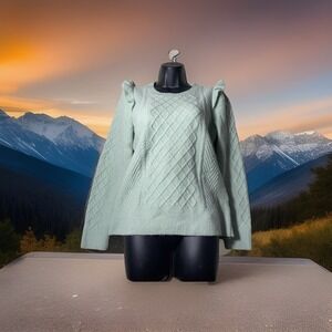Talbots Celadon Green Cable Knit Sweater Medium Ruffle Sleeve Just Dry Cleaned